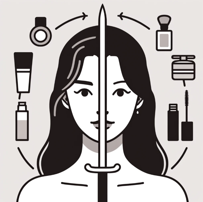 양날의 검 중간에 아름다운 여성인 뷰티 인풀루언서가 위치해 있다.